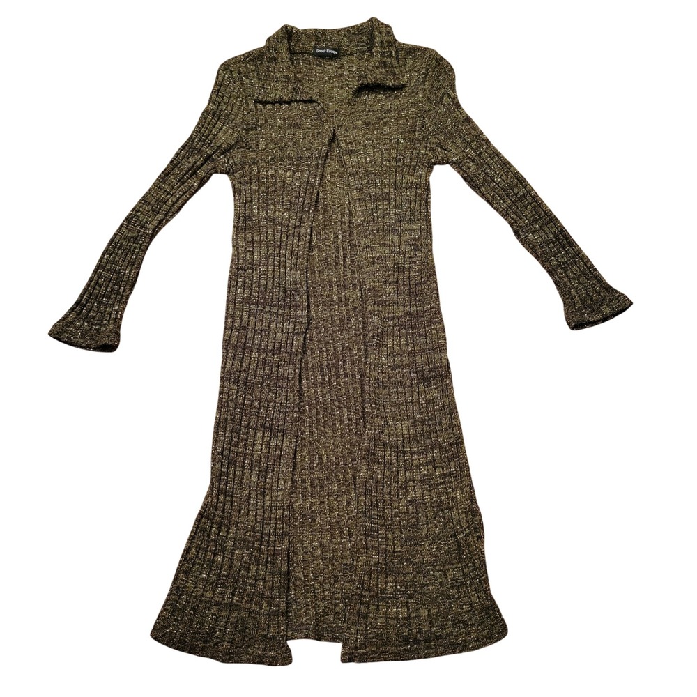 Great Escape L Duster Cardigan‎ Gold Metallic Rib Knit Y2K Cyber Punk Mall Goth